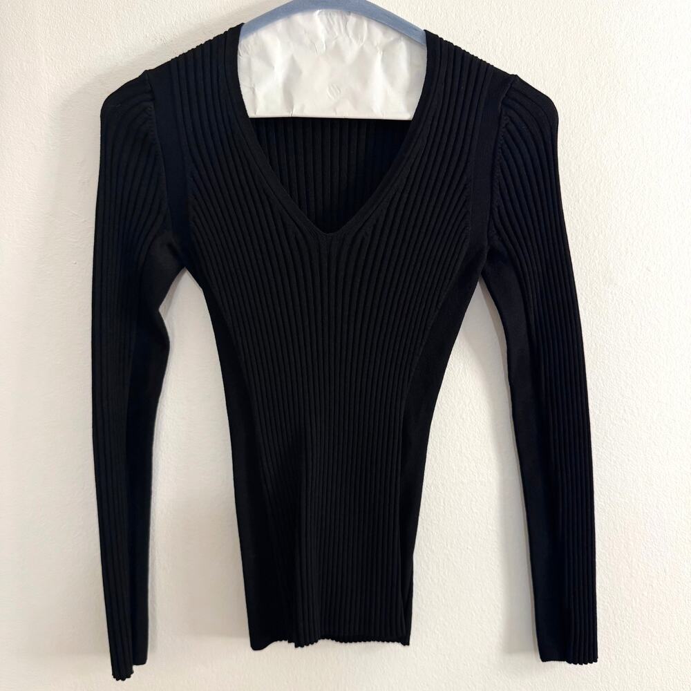 Maje Black Ribbed Knit V-Neck Long Sleeve Fitted Sweater Top Size 1 (S)